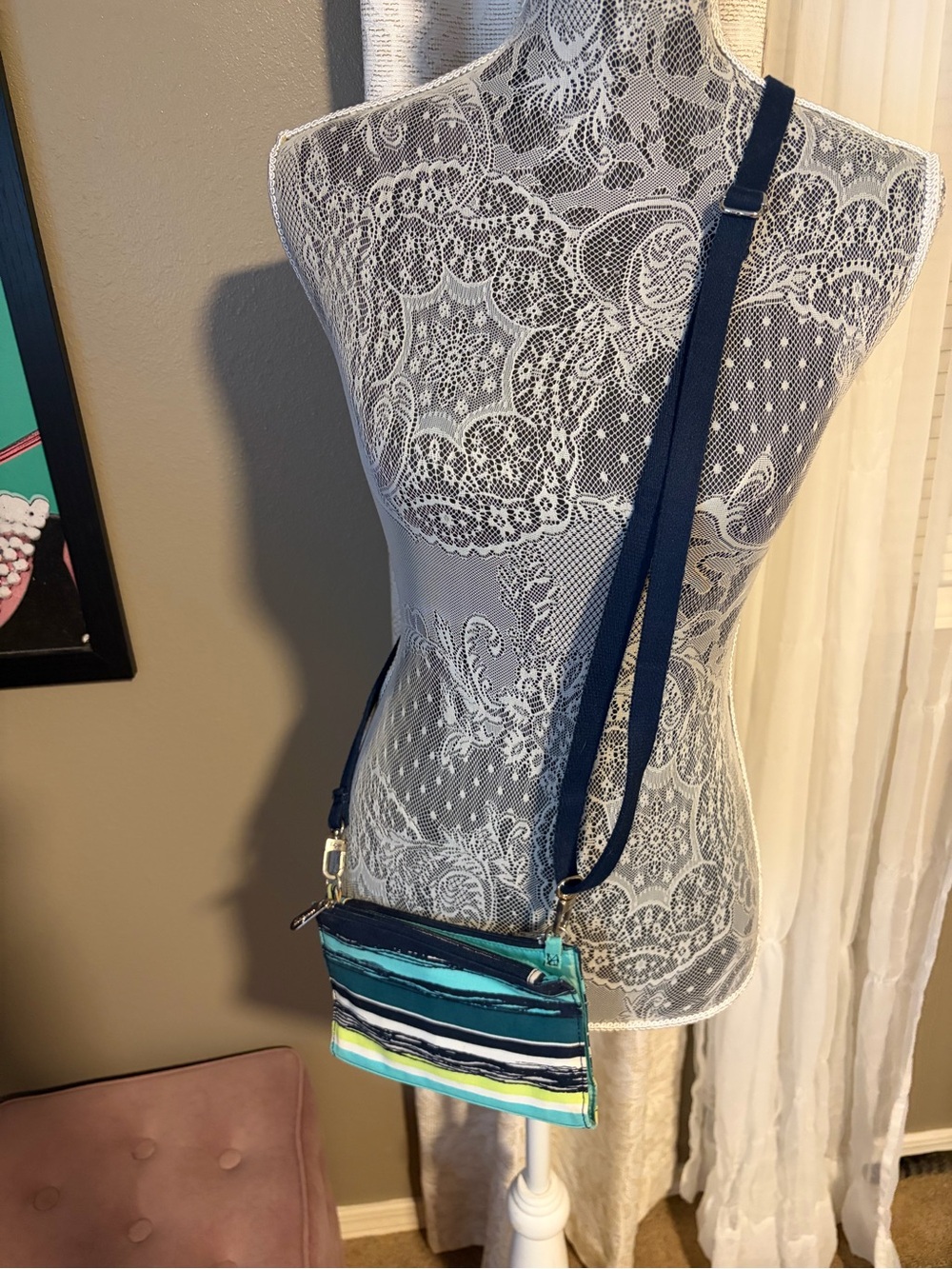 thirty-one Teal, Navy and Lime Striped Small Crossbody Bag w/ adjust strap